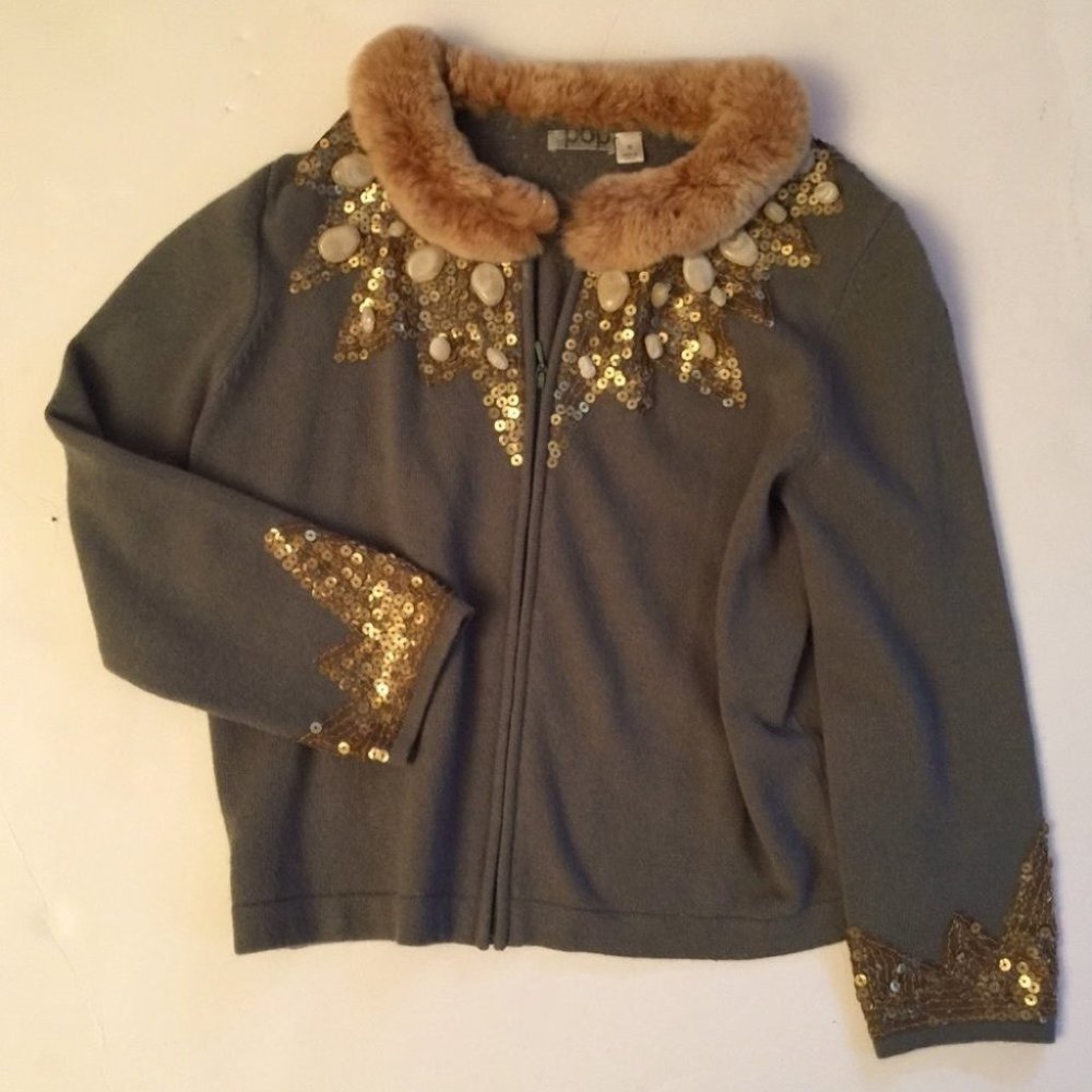 Pop Population Faux Fur Sequin Green Sweater Zip Medium